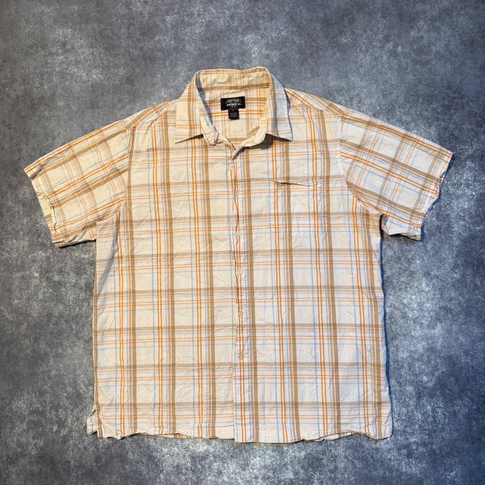 Y2K Avirex Mens XL Short Sleeve Button Down Shirt Plaid Cotton Tan Orange Blue
